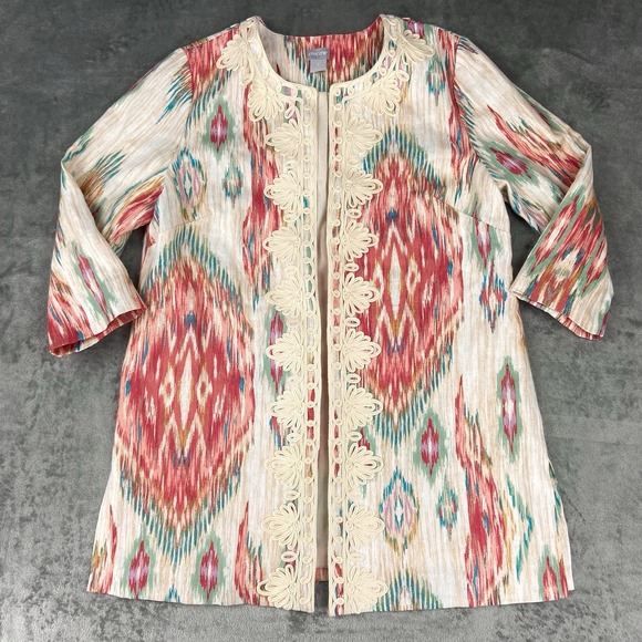 Chico's Jacket Womens 2 (US 12-14) Soutache-Trimmed Linen Topper Open Front Ikat - Picture 1 of 13